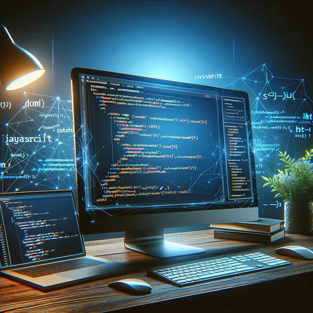 Écran d'ordinateur affichant du code HTML, CSS et JavaScript dans une interface utilisateur moderne et élégante
