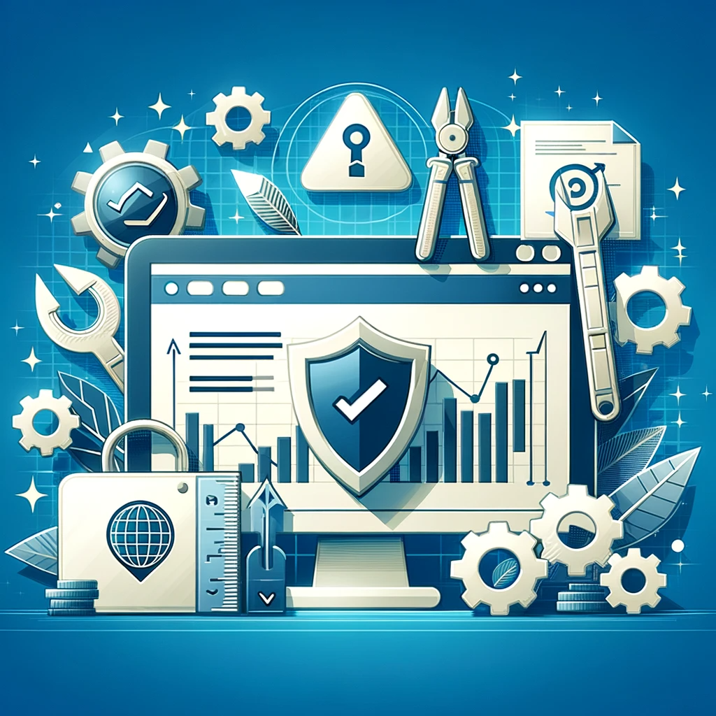 Site web accompagné d'outils symbolisant les mises à jour, la sécurité et l'optimisation des performances